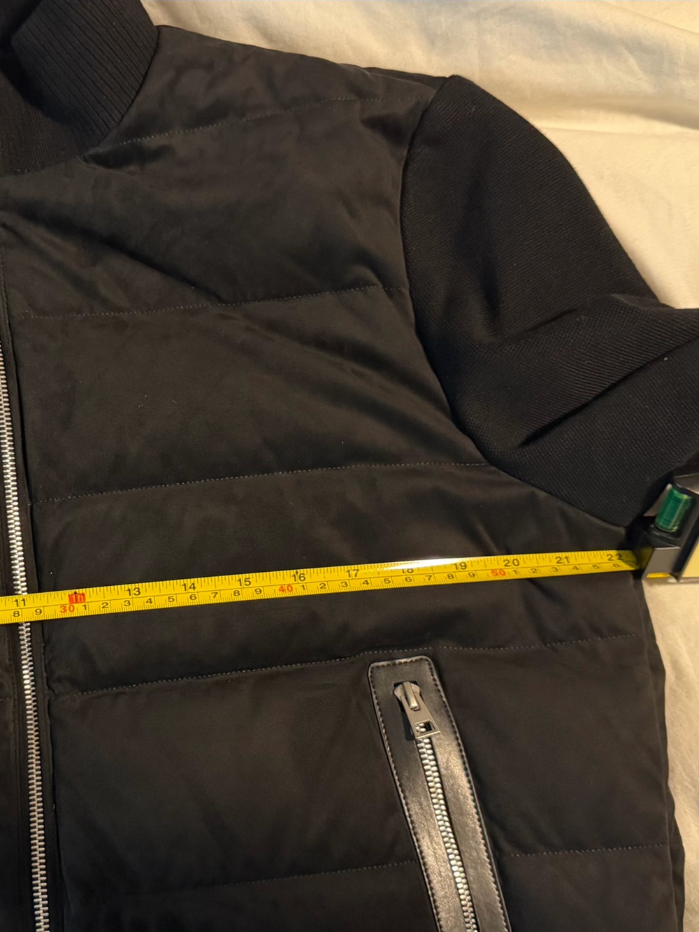 Suede Leather Black Quilted Puffer Jacket with Knit Sleeves and Goose Down - Picture 5 of 15